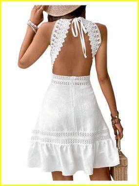 Sleeveless Halter Backless Lace A-Line Dress for Summer Vacation